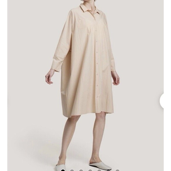 Gentle Herd Dresses & Skirts - Gentle Herd Oversize Shirt Dress Cotton Poplin Small Beige Garmentory Pockets